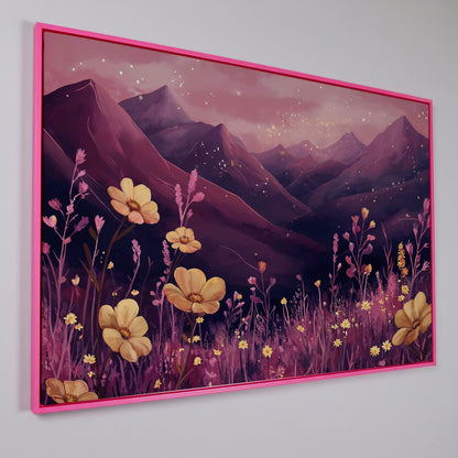 Pink Watercolor Mountains and Wildflowers Canvas in pink floating frame