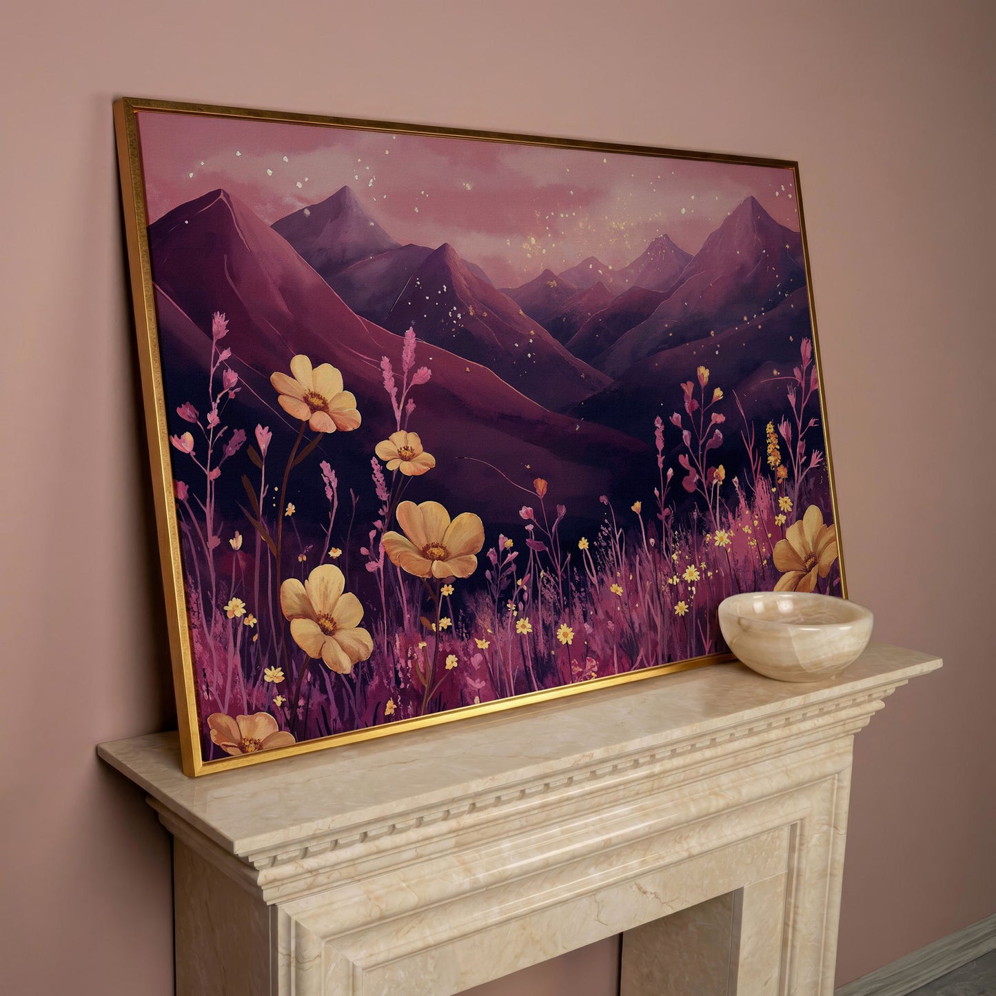 Pink Watercolor Mountains and Wildflowers Canvas in rose gold floating frame