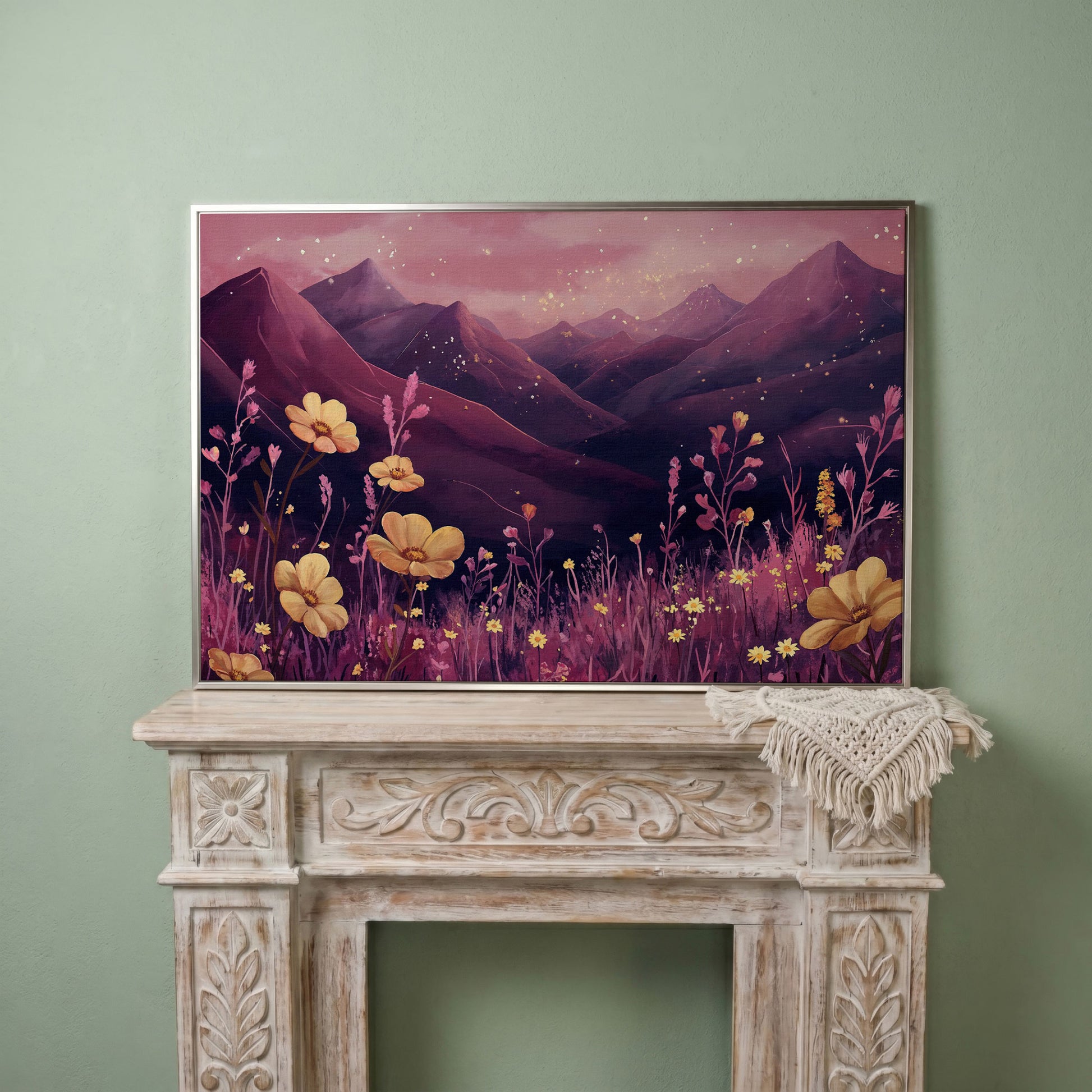 Pink Watercolor Mountains and Wildflowers Canvas in silver floating frame