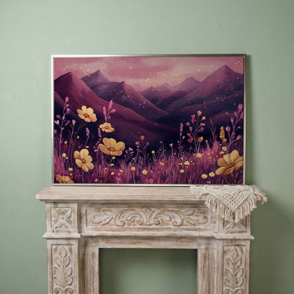 Pink Watercolor Mountains and Wildflowers Canvas in silver floating frame