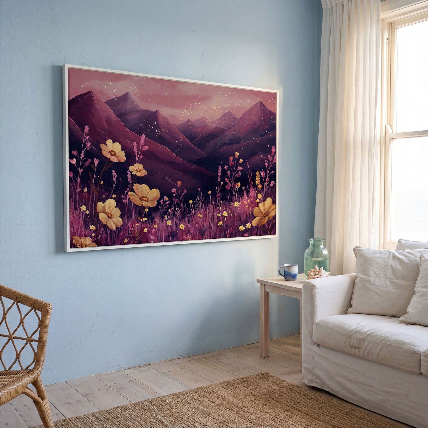 Pink Watercolor Mountains and Wildflowers Canvas in white floating frame