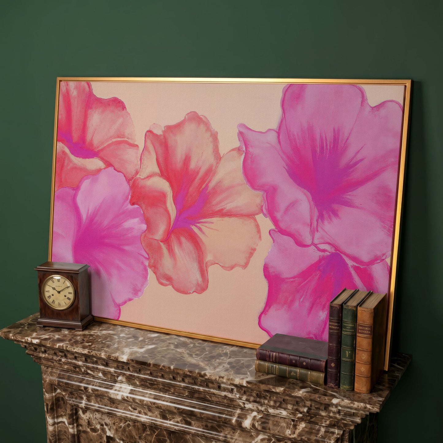 Pink Floral Canvas Print with Abstract Hibiscus in antique gold floating frame