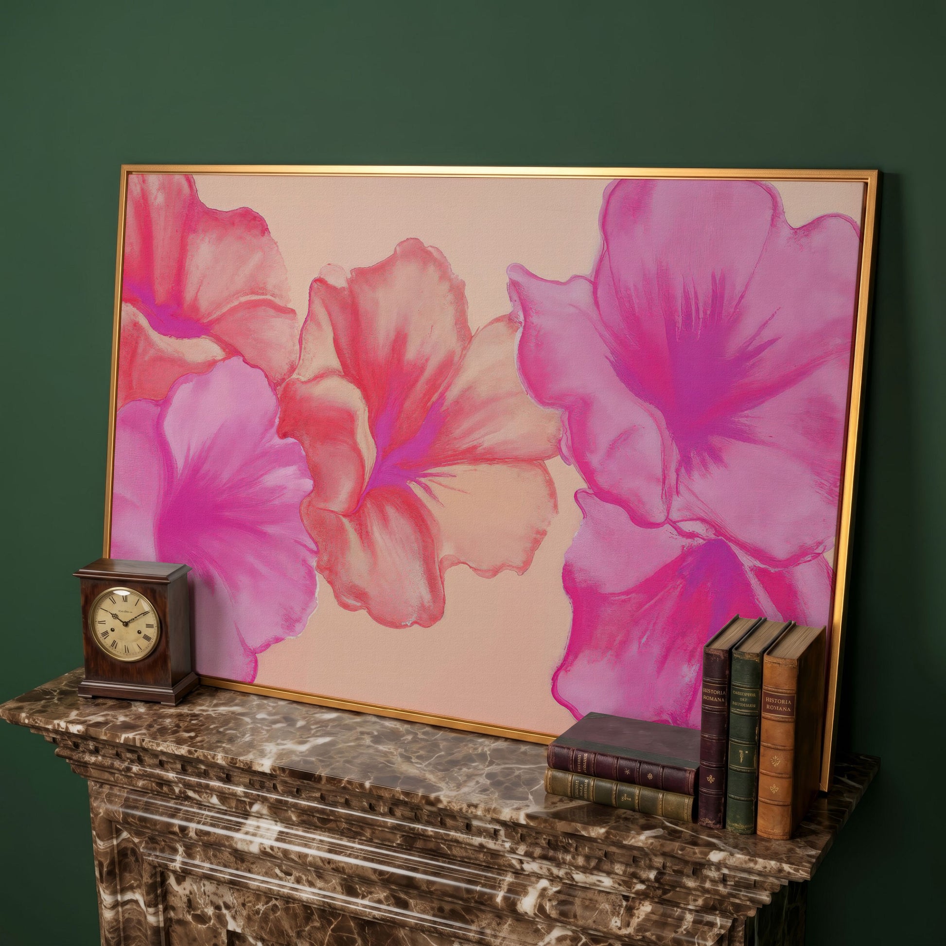 Pink Floral Canvas Print with Abstract Hibiscus in antique gold floating frame