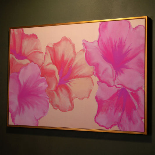 Pink Floral Canvas Print with Abstract Hibiscus shown in antique gold floating frame