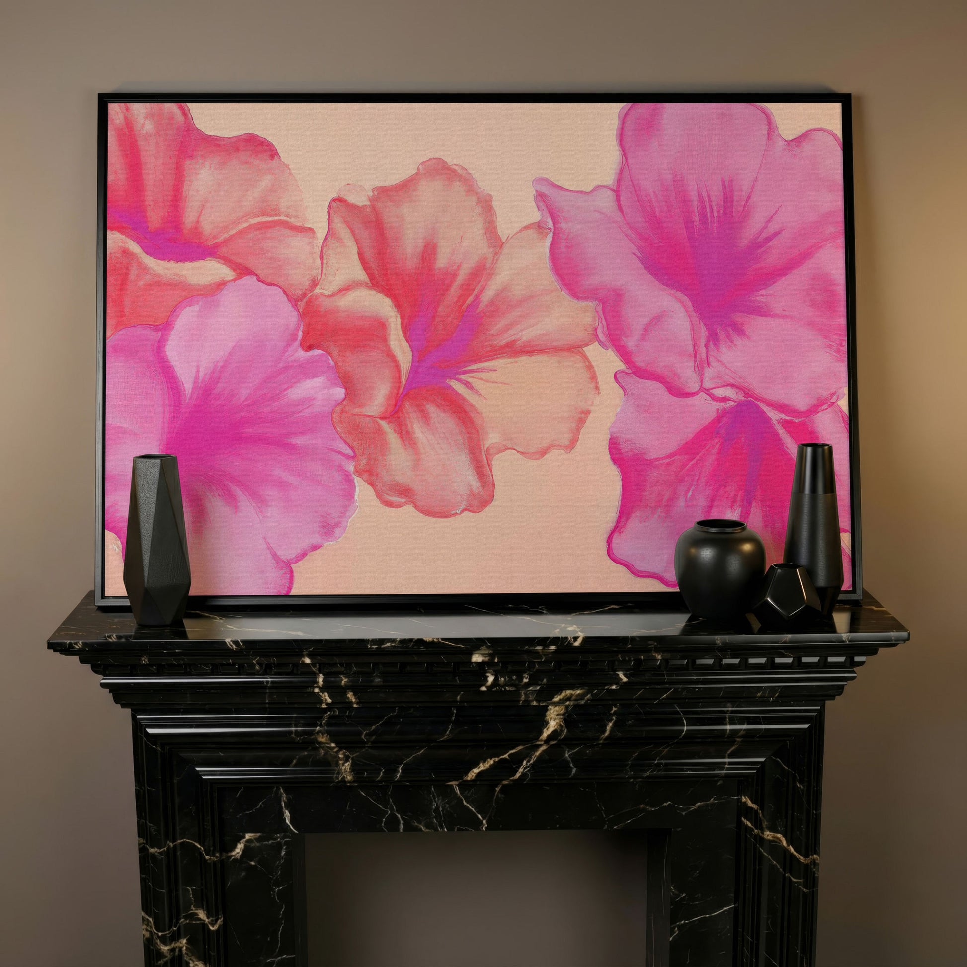 Pink Floral Canvas Print with Abstract Hibiscus in black floating frame