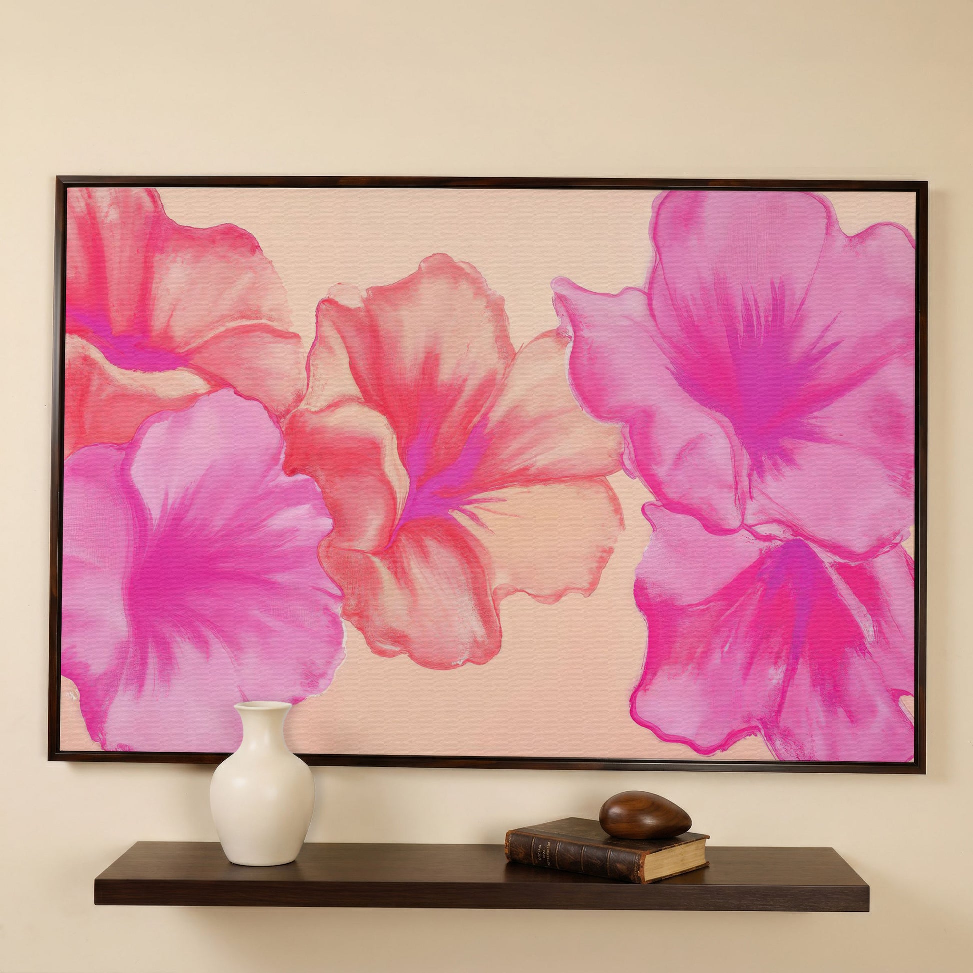 Pink Floral Canvas Print with Abstract Hibiscus in dark walnut floating frame