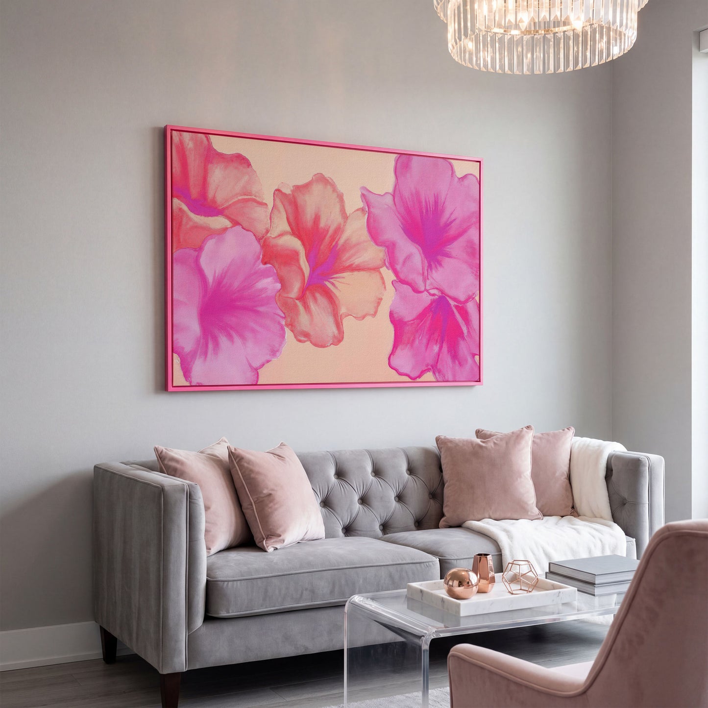 Pink Floral Canvas Print with Abstract Hibiscus in pink floating frame