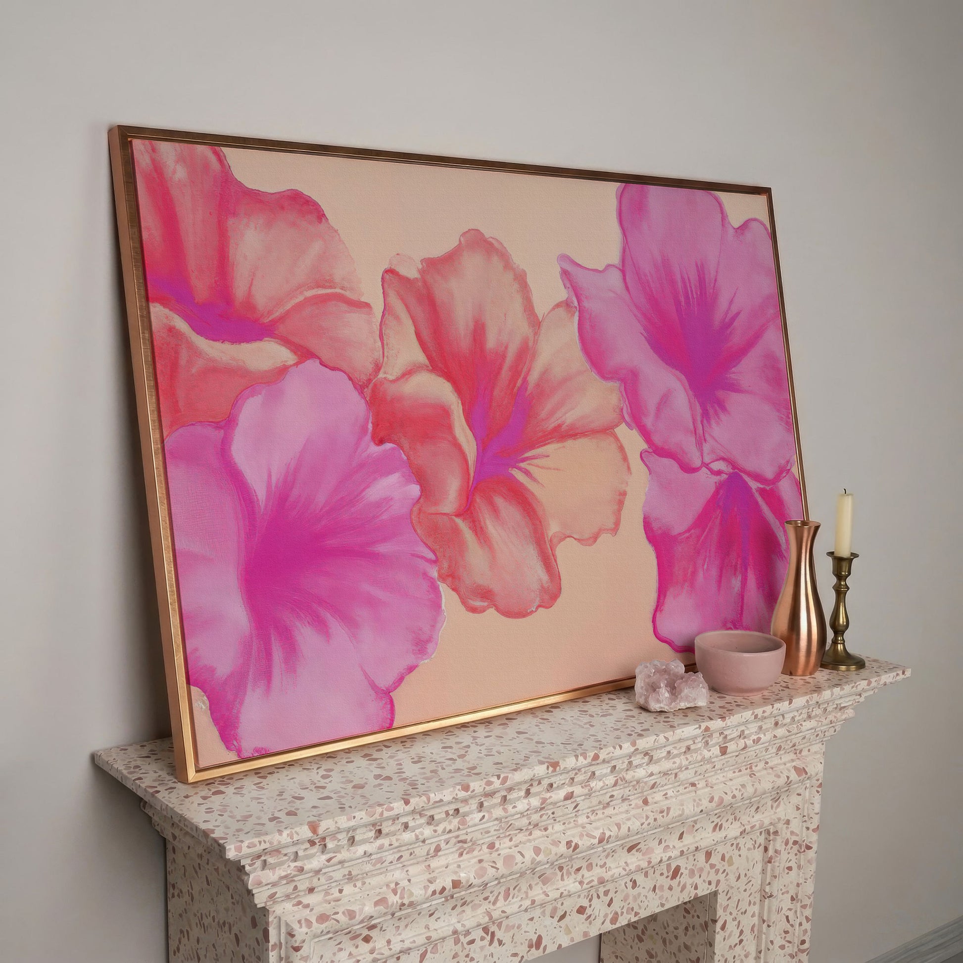 Pink Floral Canvas Print with Abstract Hibiscus in rose gold floating frame
