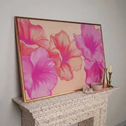Pink Floral Canvas Print with Abstract Hibiscus in rose gold floating frame