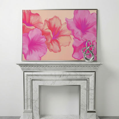Pink Floral Canvas Print with Abstract Hibiscus in silver floating frame