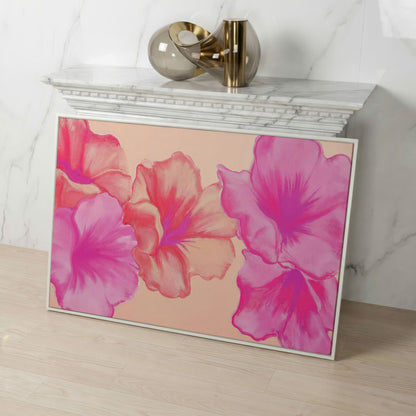 Pink Floral Canvas Print with Abstract Hibiscus in white floating frame
