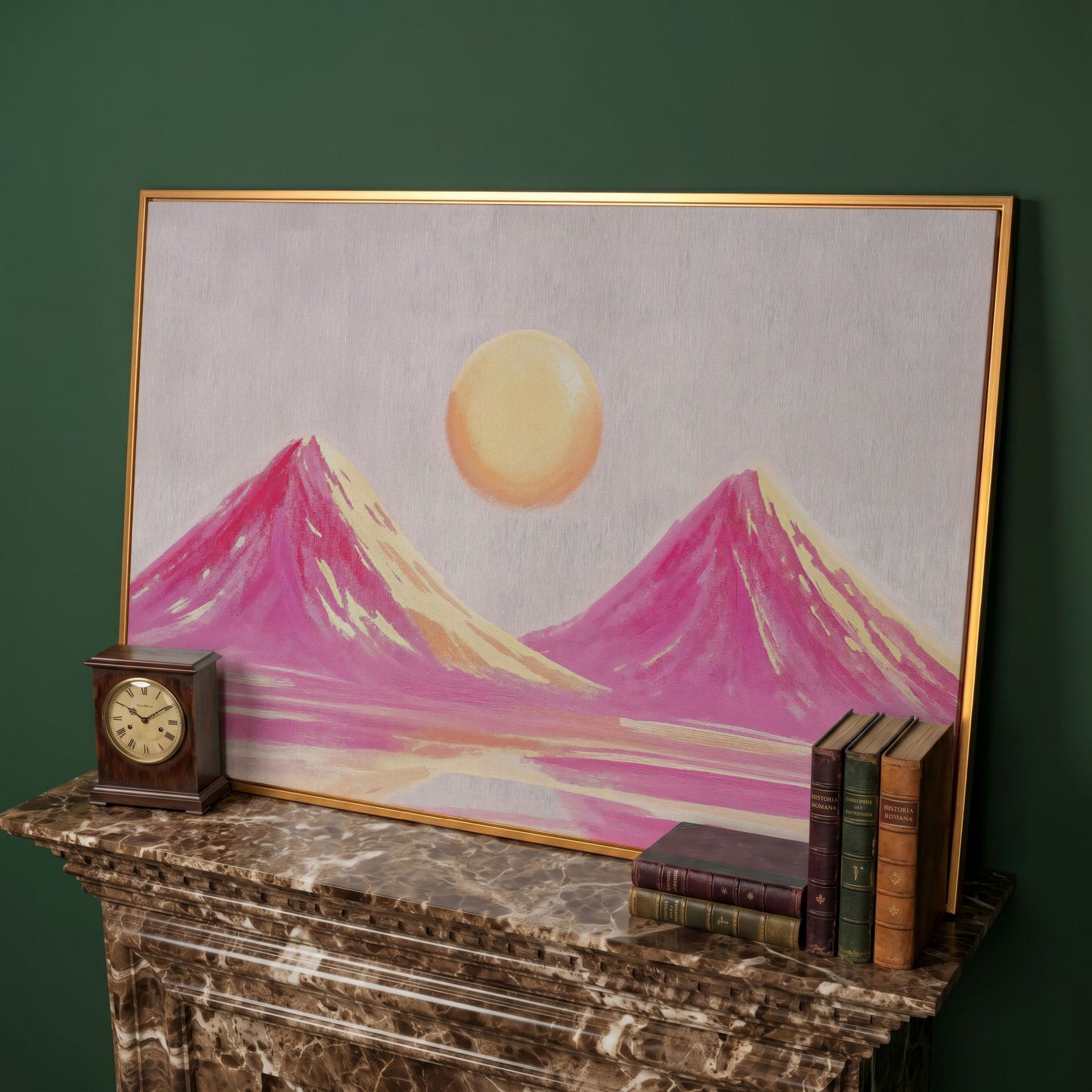 Pink Abstract Landscape with Sunset Mountain Canvas in antique gold floating frame