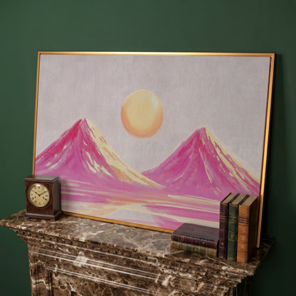 Pink Abstract Landscape with Sunset Mountain Canvas in antique gold floating frame
