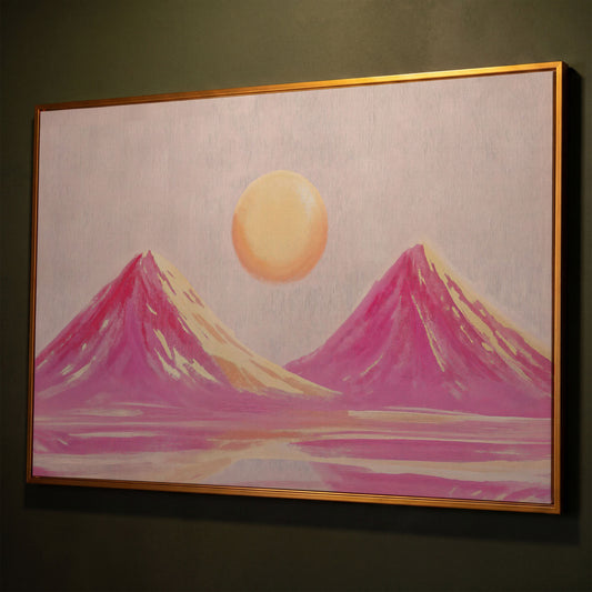 Pink Abstract Landscape with Sunset Mountain Canvas shown in antique gold floating frame