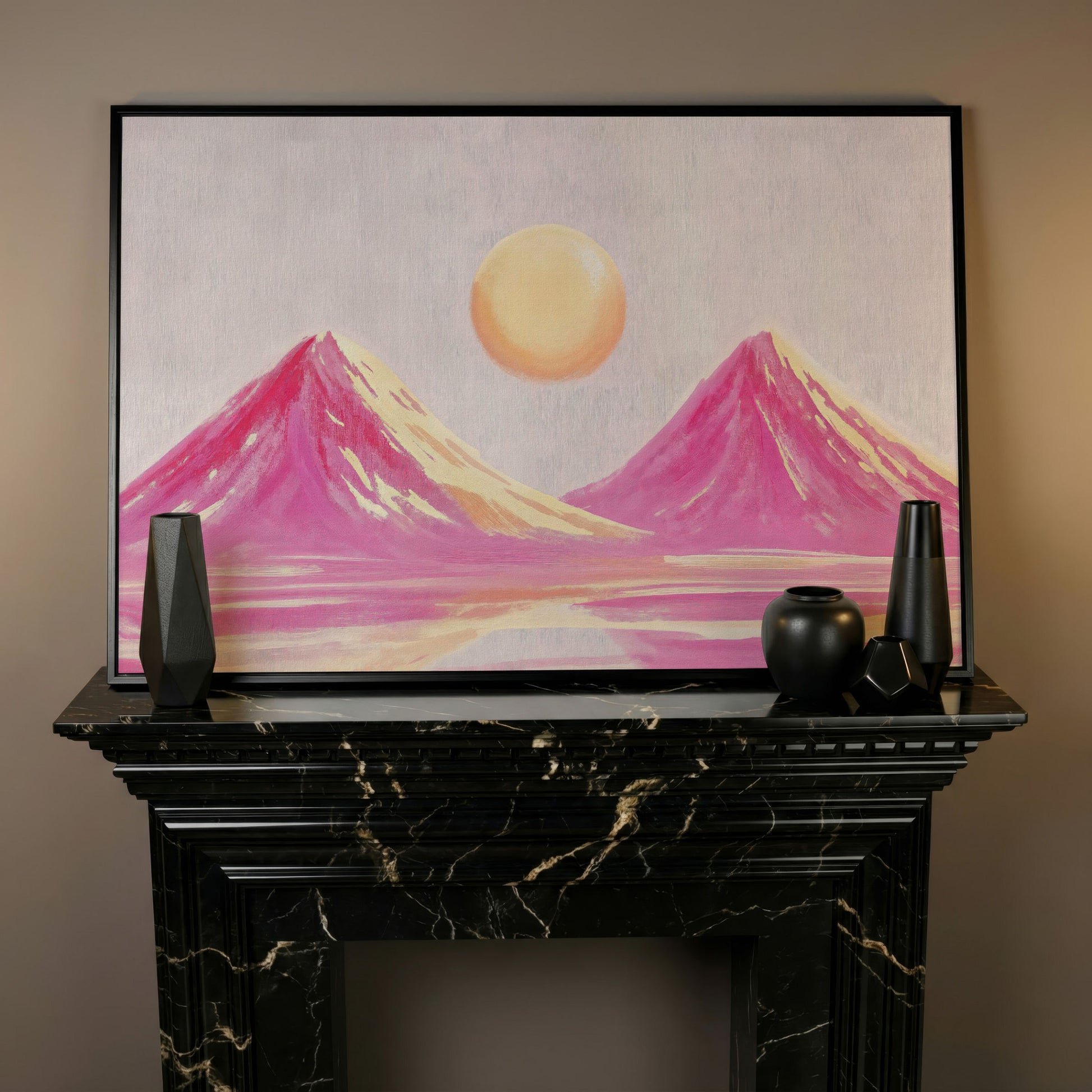 Pink Abstract Landscape with Sunset Mountain Canvas in black floating frame