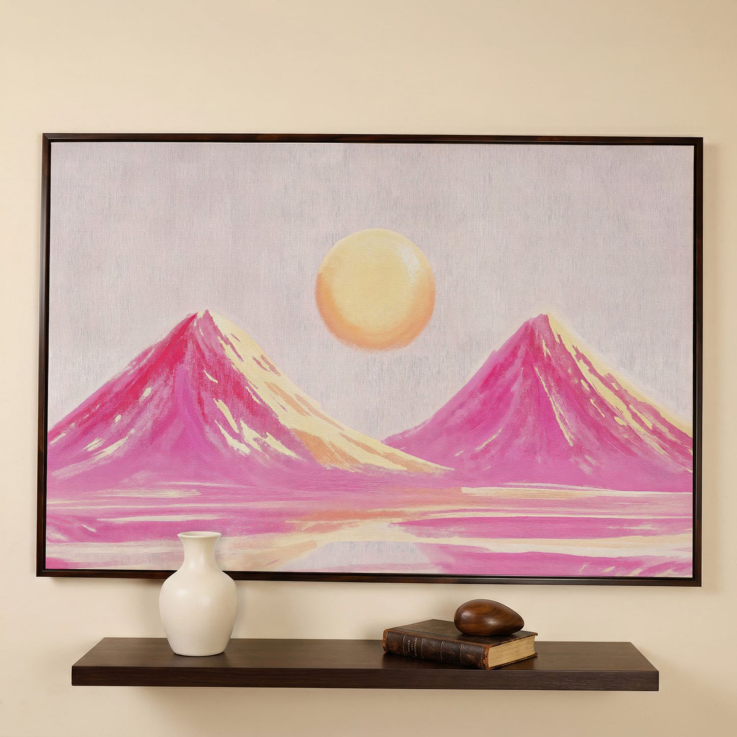 Pink Abstract Landscape with Sunset Mountain Canvas in dark walnut floating frame