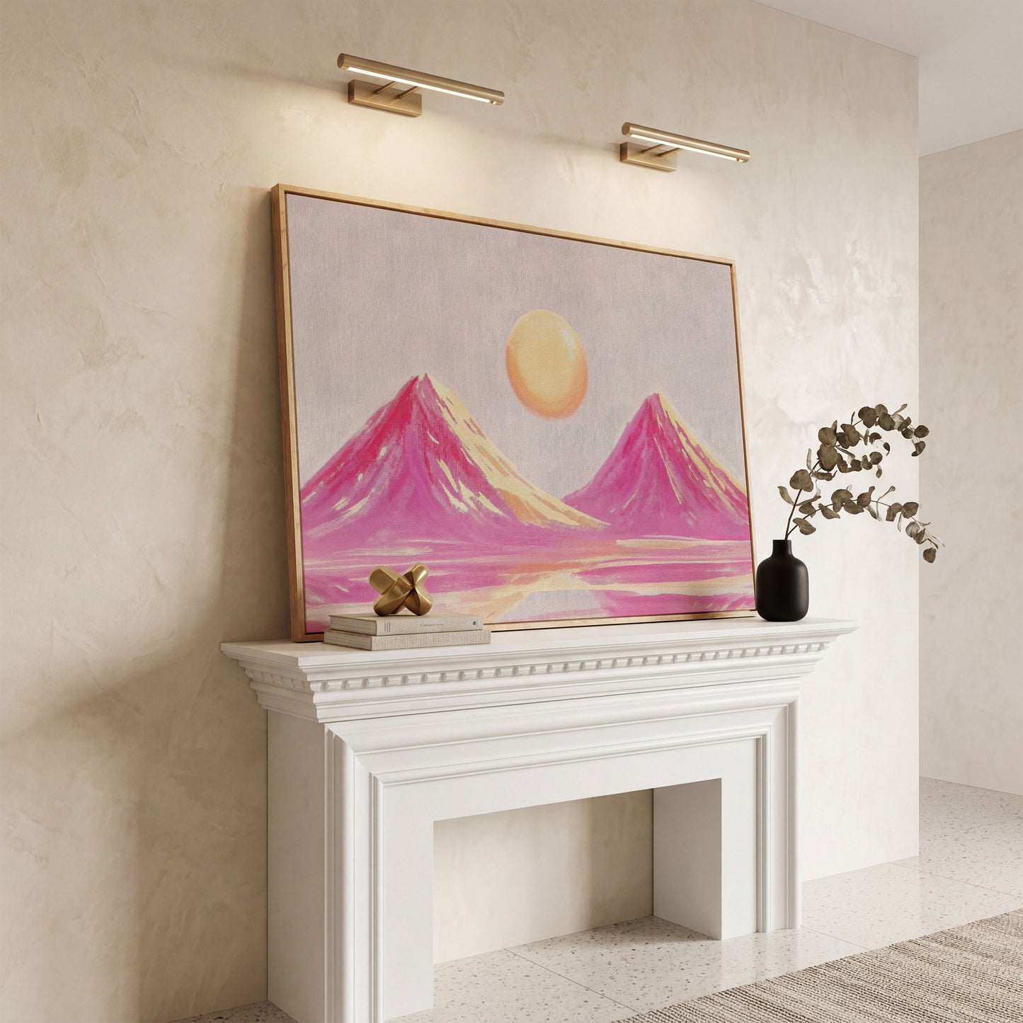 Pink Abstract Landscape with Sunset Mountain Canvas in white oak floating frame