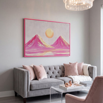 Pink Abstract Landscape with Sunset Mountain Canvas in pink floating frame
