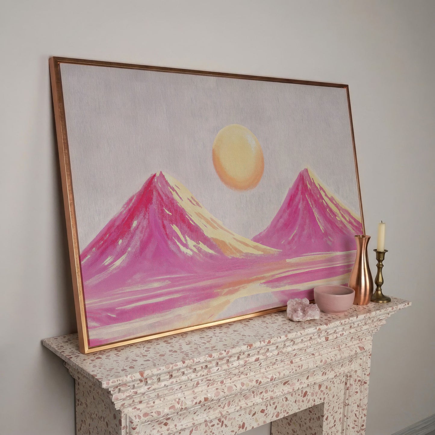 Pink Abstract Landscape with Sunset Mountain Canvas in rose gold floating frame