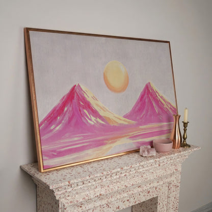 Pink Abstract Landscape with Sunset Mountain Canvas in rose gold floating frame