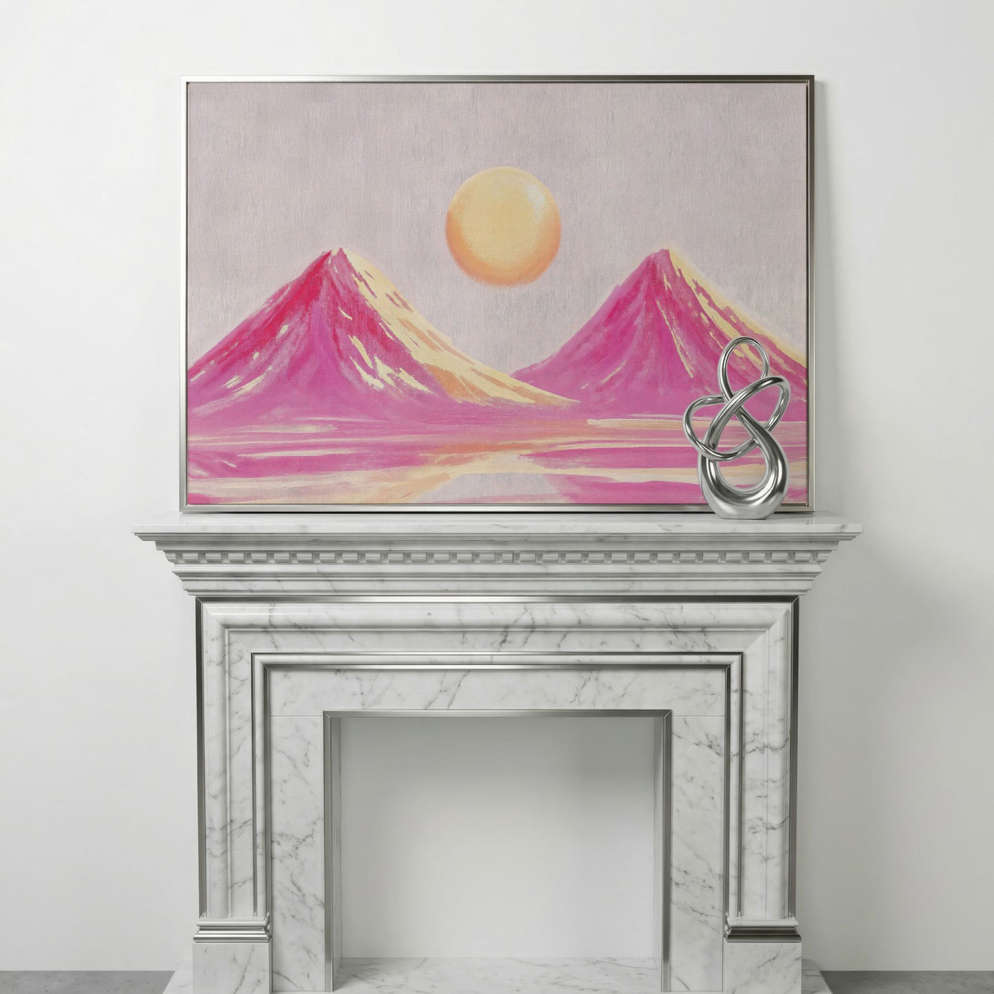 Pink Abstract Landscape with Sunset Mountain Canvas in silver floating frame