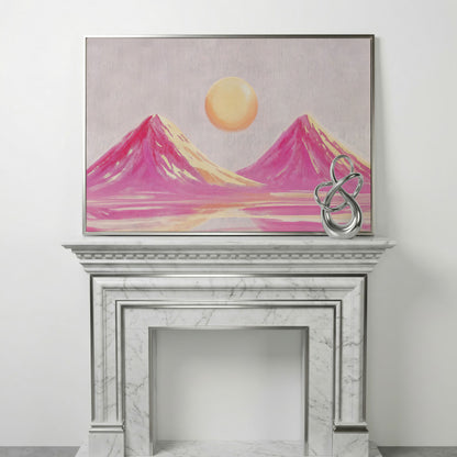 Pink Abstract Landscape with Sunset Mountain Canvas in silver floating frame