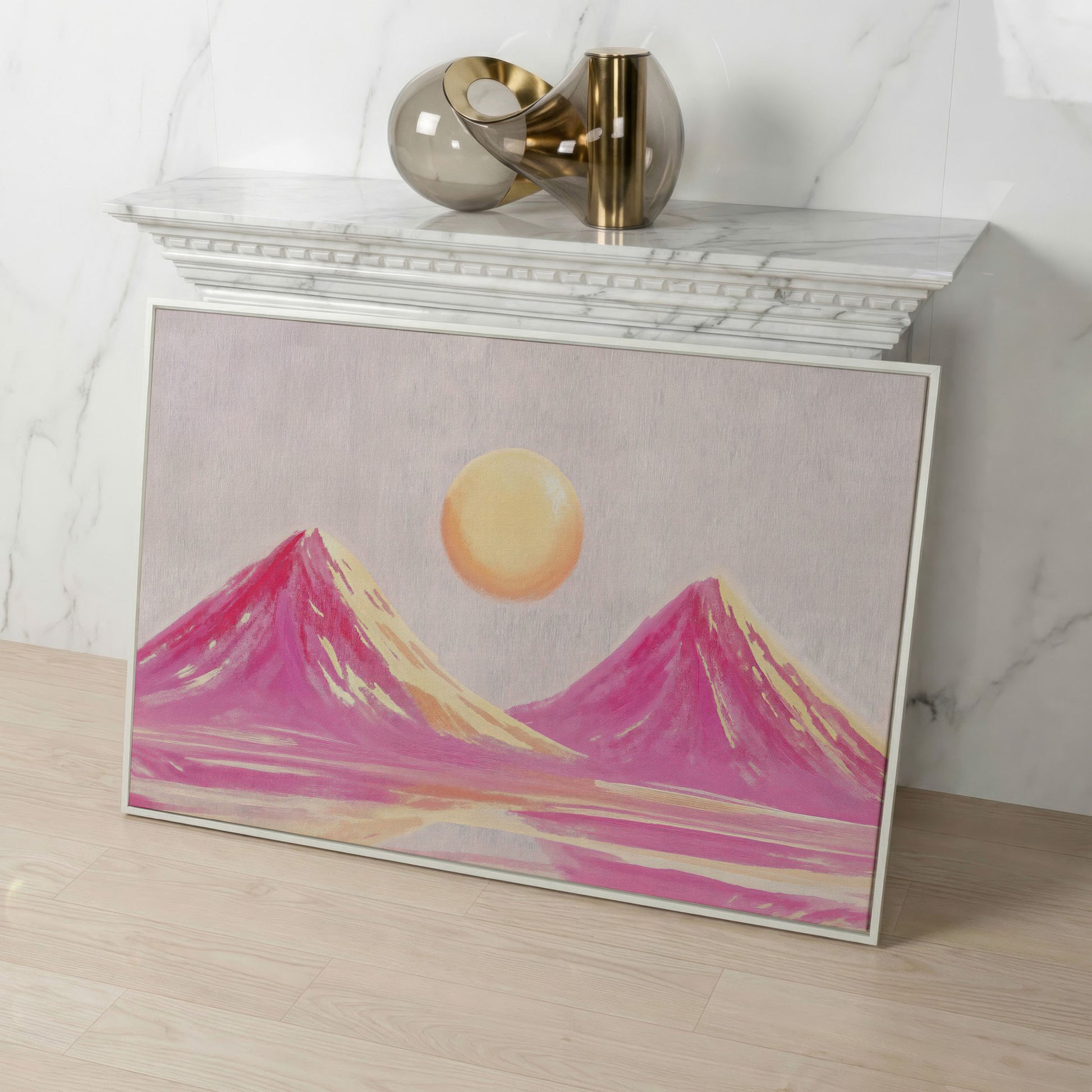 Pink Abstract Landscape with Sunset Mountain Canvas in white floating frame