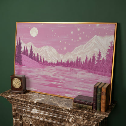 Pink Mountain Lake Under Starry Skies Canvas in antique gold floating frame