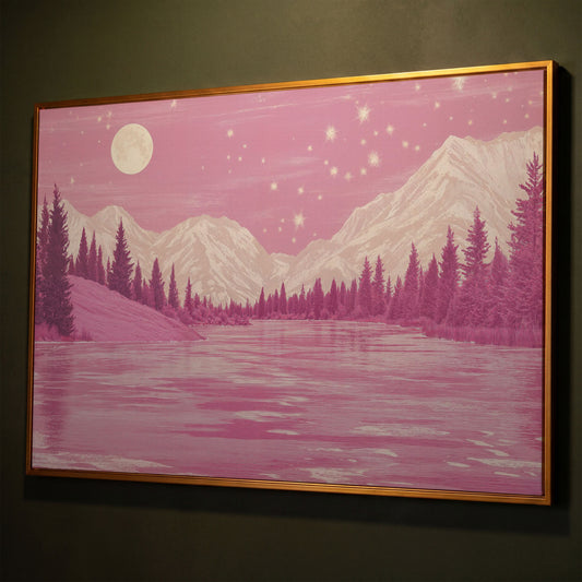 Pink Mountain Lake Under Starry Skies Canvas shown in antique gold floating frame