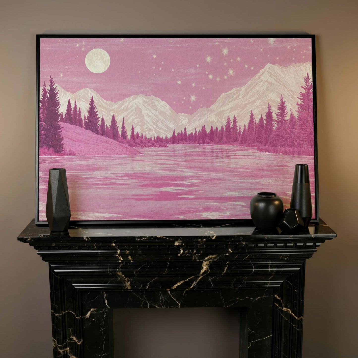 Pink Mountain Lake Under Starry Skies Canvas in black floating frame