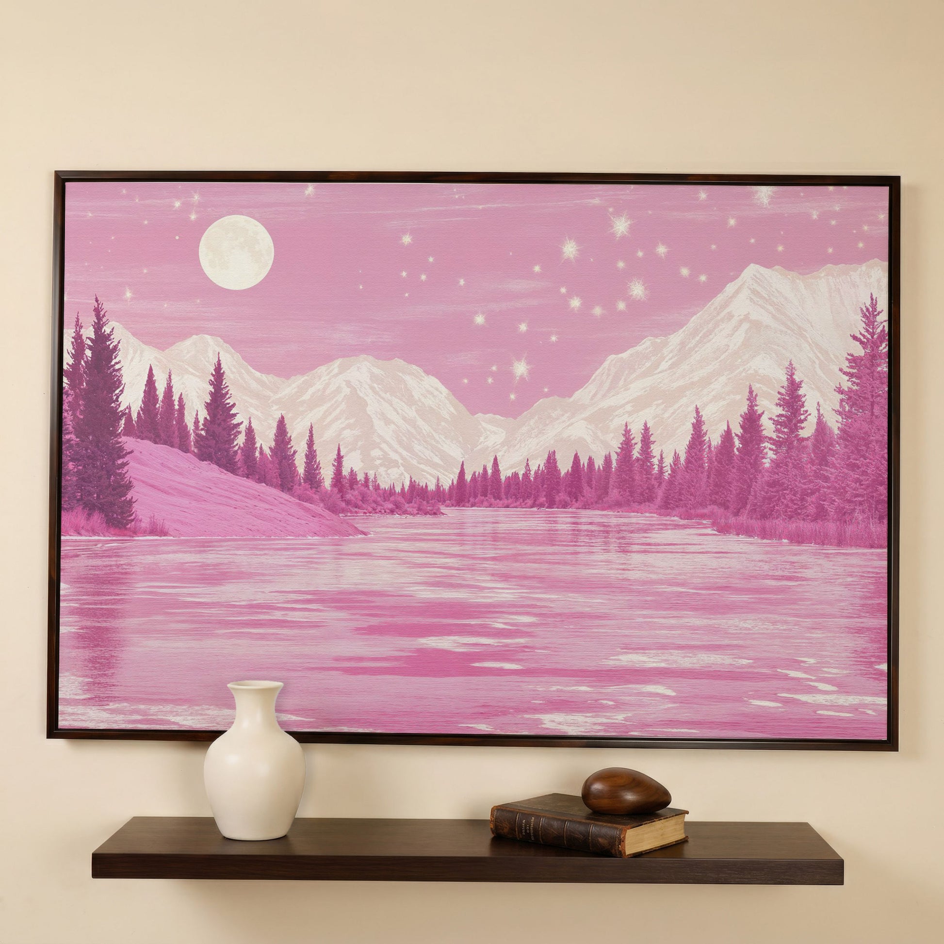 Pink Mountain Lake Under Starry Skies Canvas in dark walnut floating frame