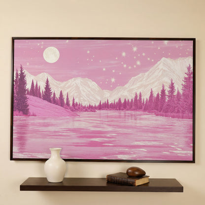 Pink Mountain Lake Under Starry Skies Canvas in dark walnut floating frame