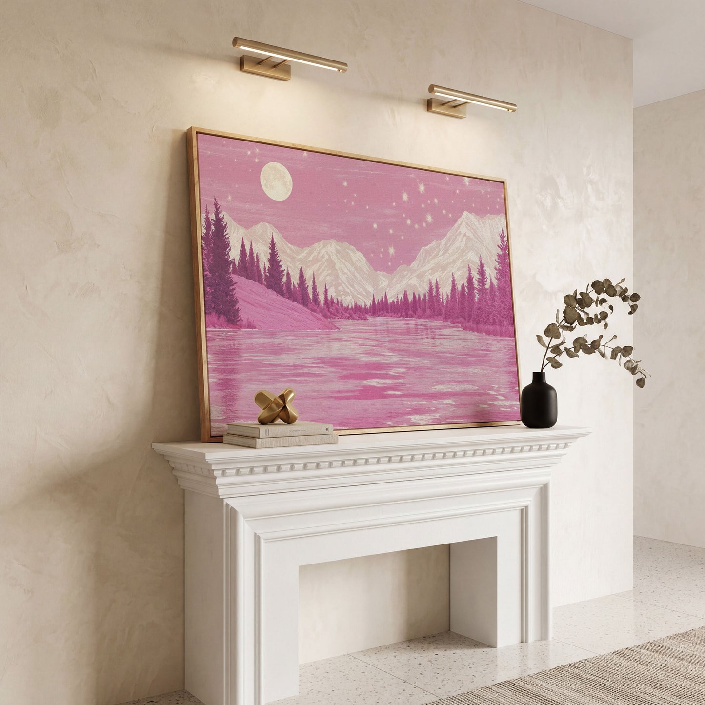 Pink Mountain Lake Under Starry Skies Canvas in white oak floating frame
