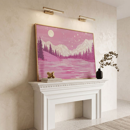 Pink Mountain Lake Under Starry Skies Canvas in white oak floating frame