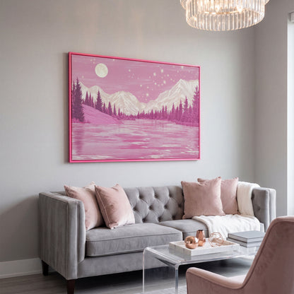 Pink Mountain Lake Under Starry Skies Canvas in pink floating frame