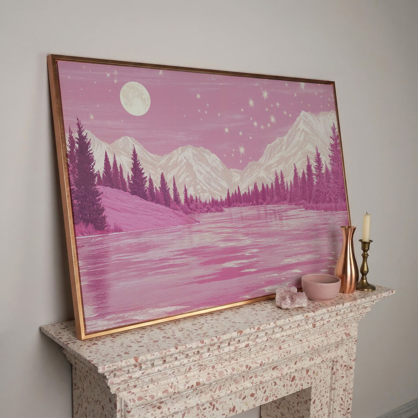 Pink Mountain Lake Under Starry Skies Canvas in rose gold floating frame