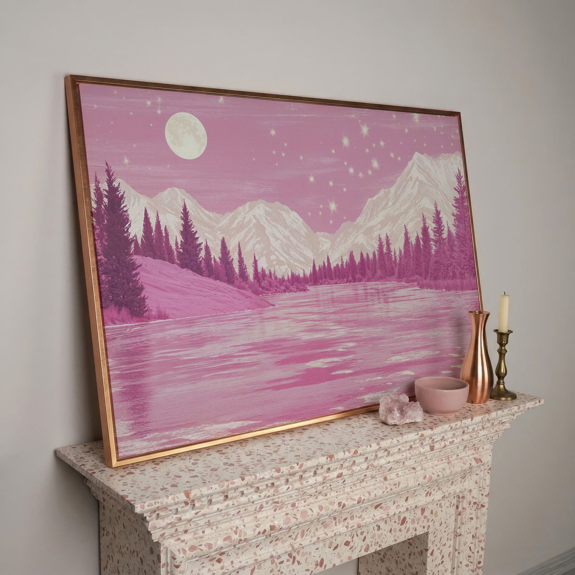 Pink Mountain Lake Under Starry Skies Canvas in rose gold floating frame