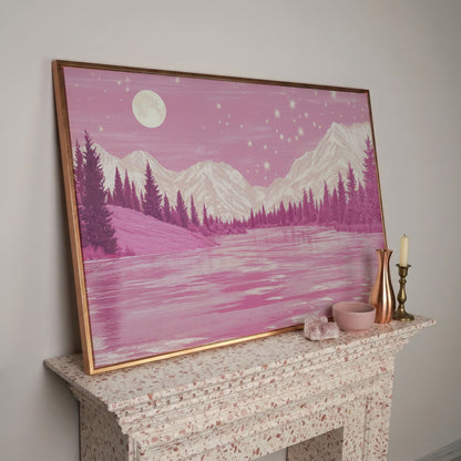 Pink Mountain Lake Under Starry Skies Canvas in rose gold floating frame