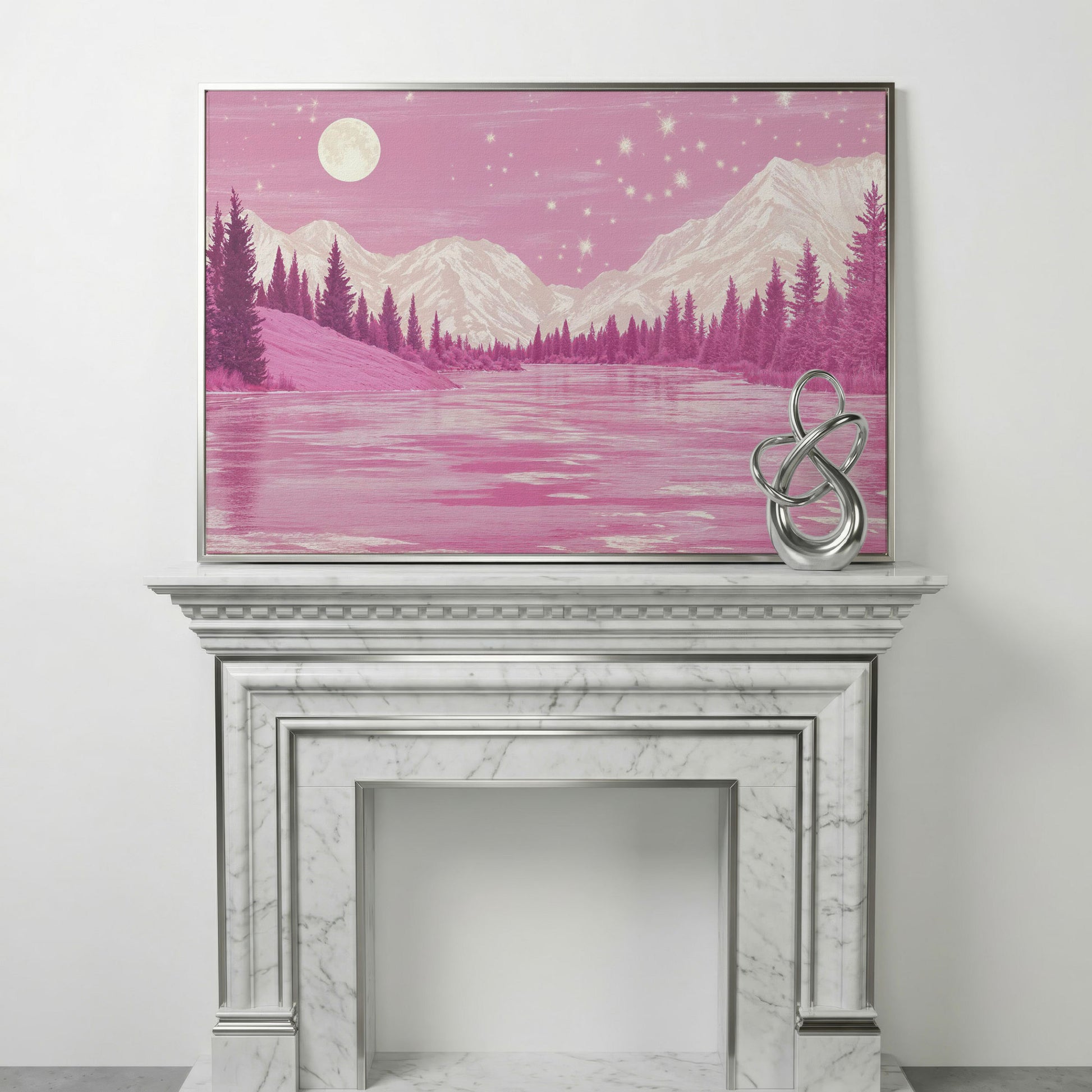 Pink Mountain Lake Under Starry Skies Canvas in silver floating frame