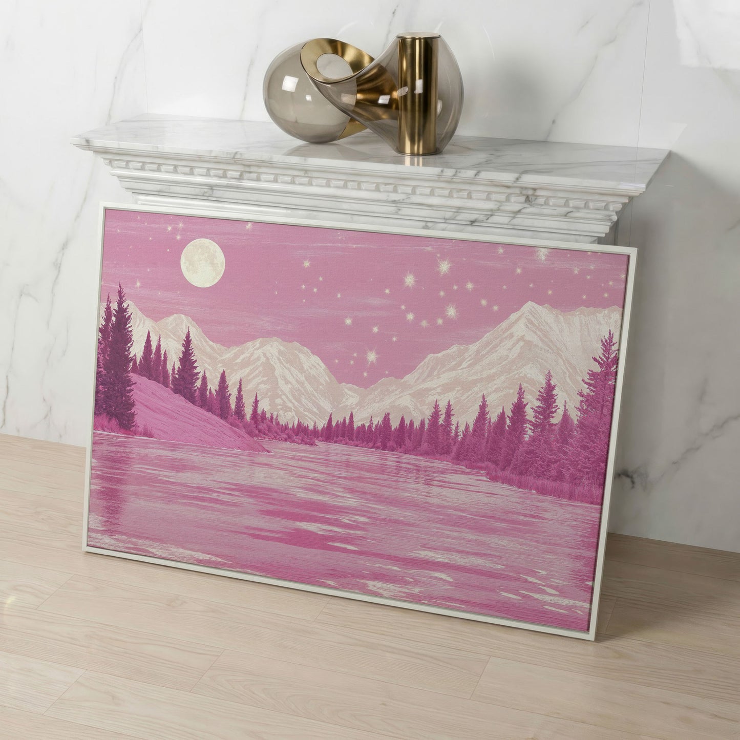 Pink Mountain Lake Under Starry Skies Canvas in white floating frame