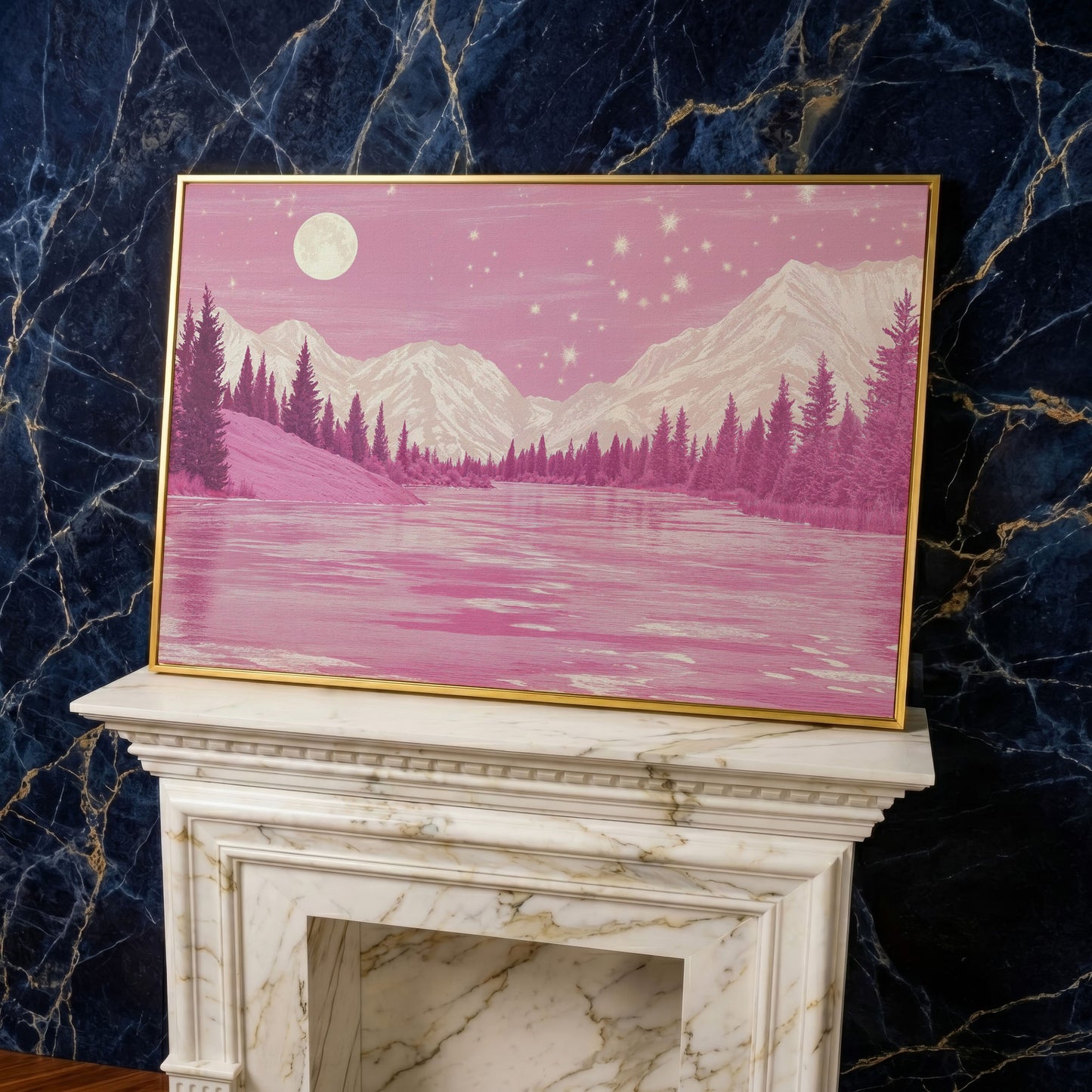 Pink Mountain Lake Under Starry Skies Canvas in yellow gold floating frame