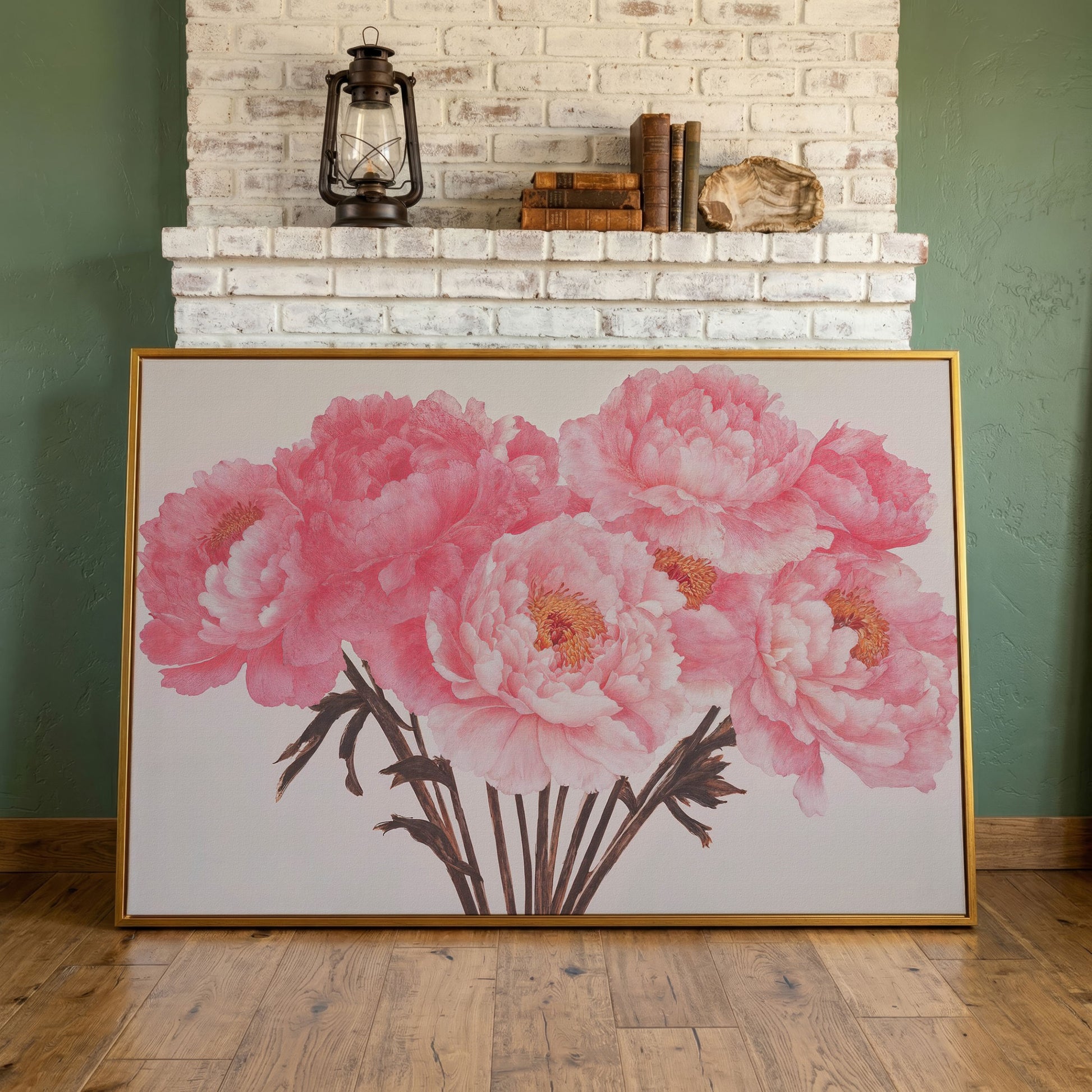 Vintage Bouquet with Boho Flowers Canvas in antique gold floating frame