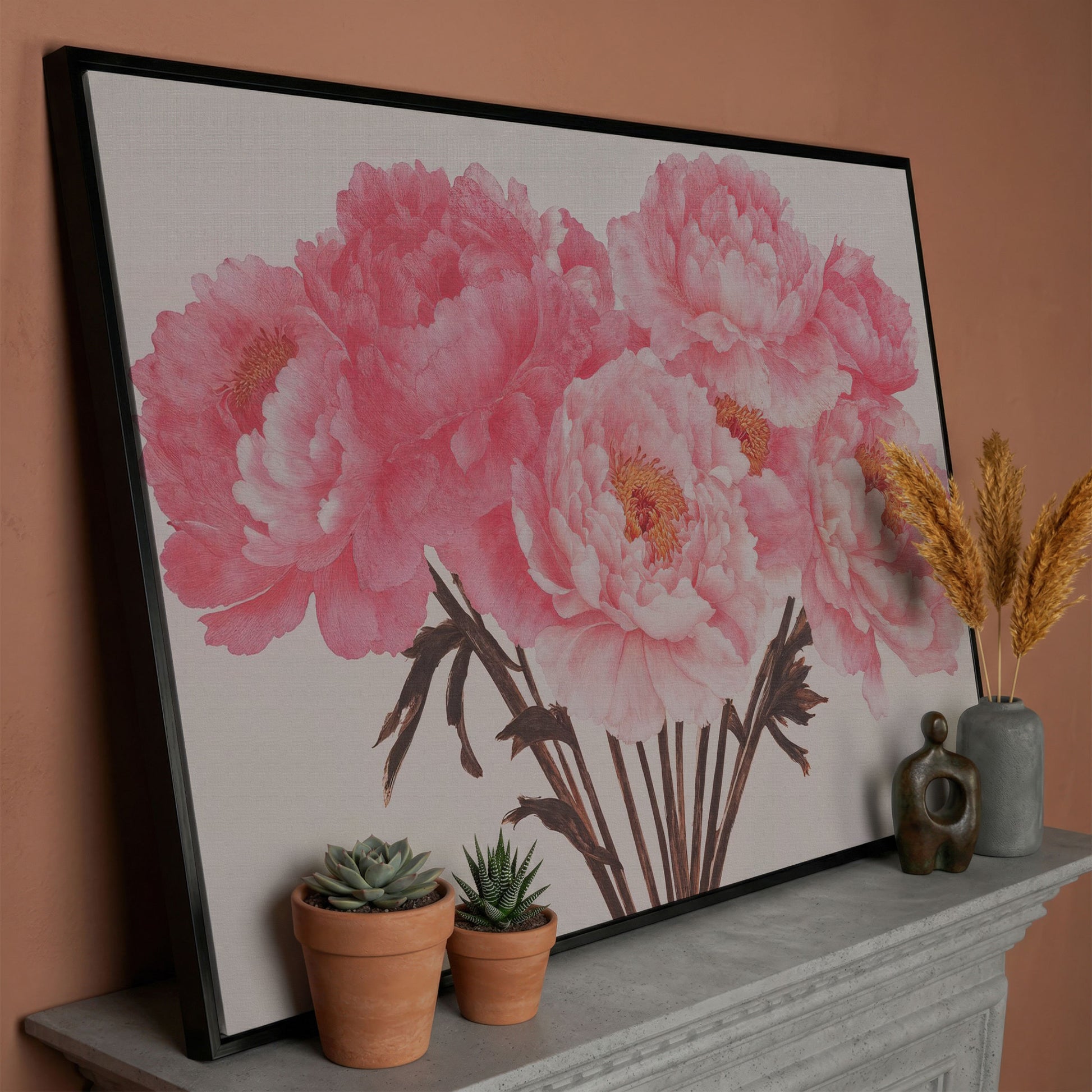 Vintage Bouquet with Boho Flowers Canvas in black floating frame