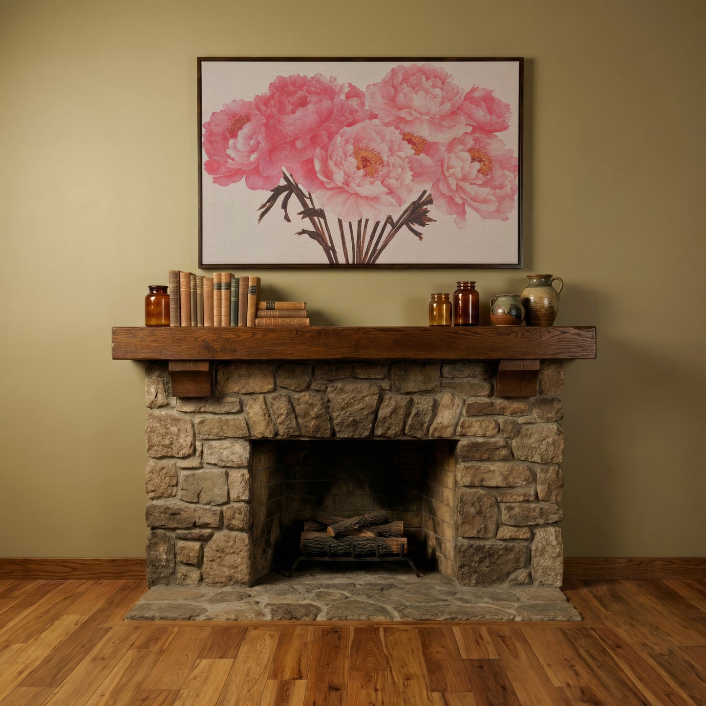 Vintage Bouquet with Boho Flowers Canvas in dark walnut floating frame