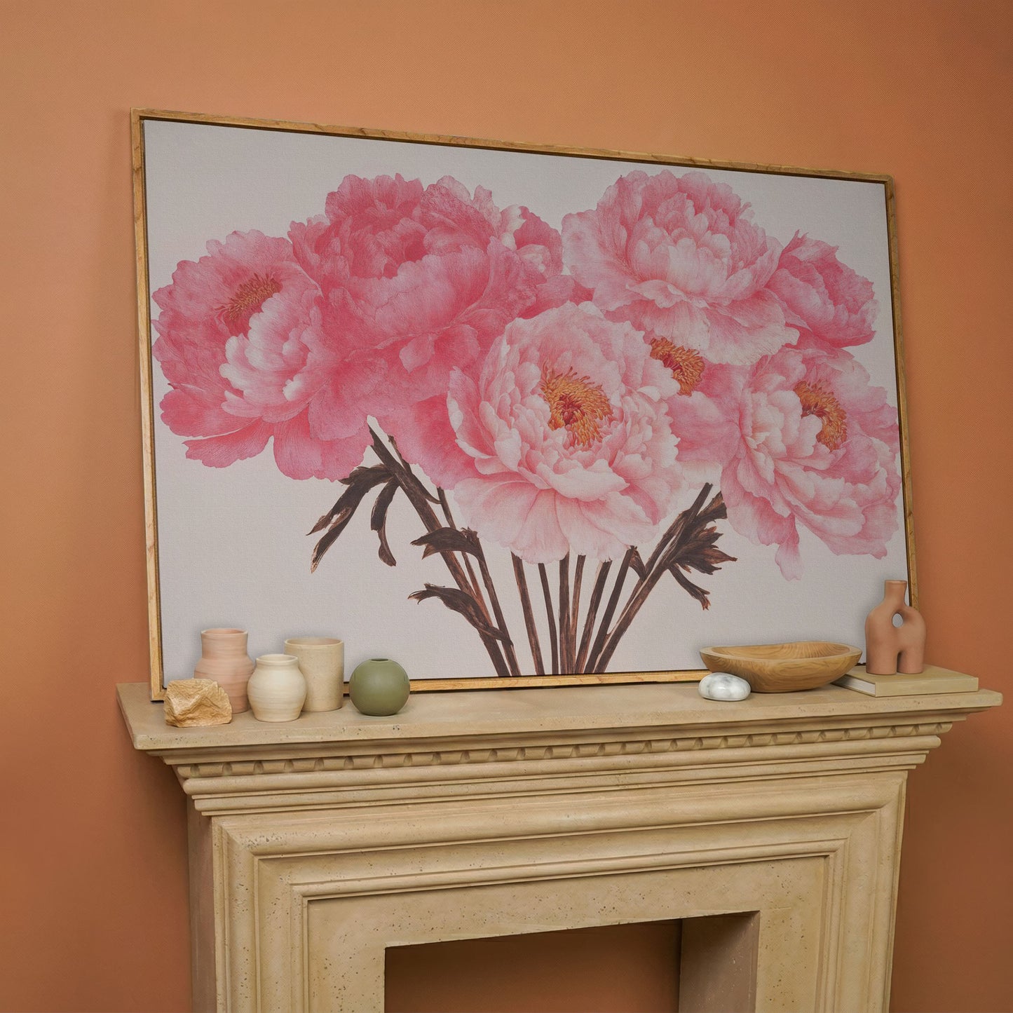 Vintage Bouquet with Boho Flowers Canvas in white oak floating frame