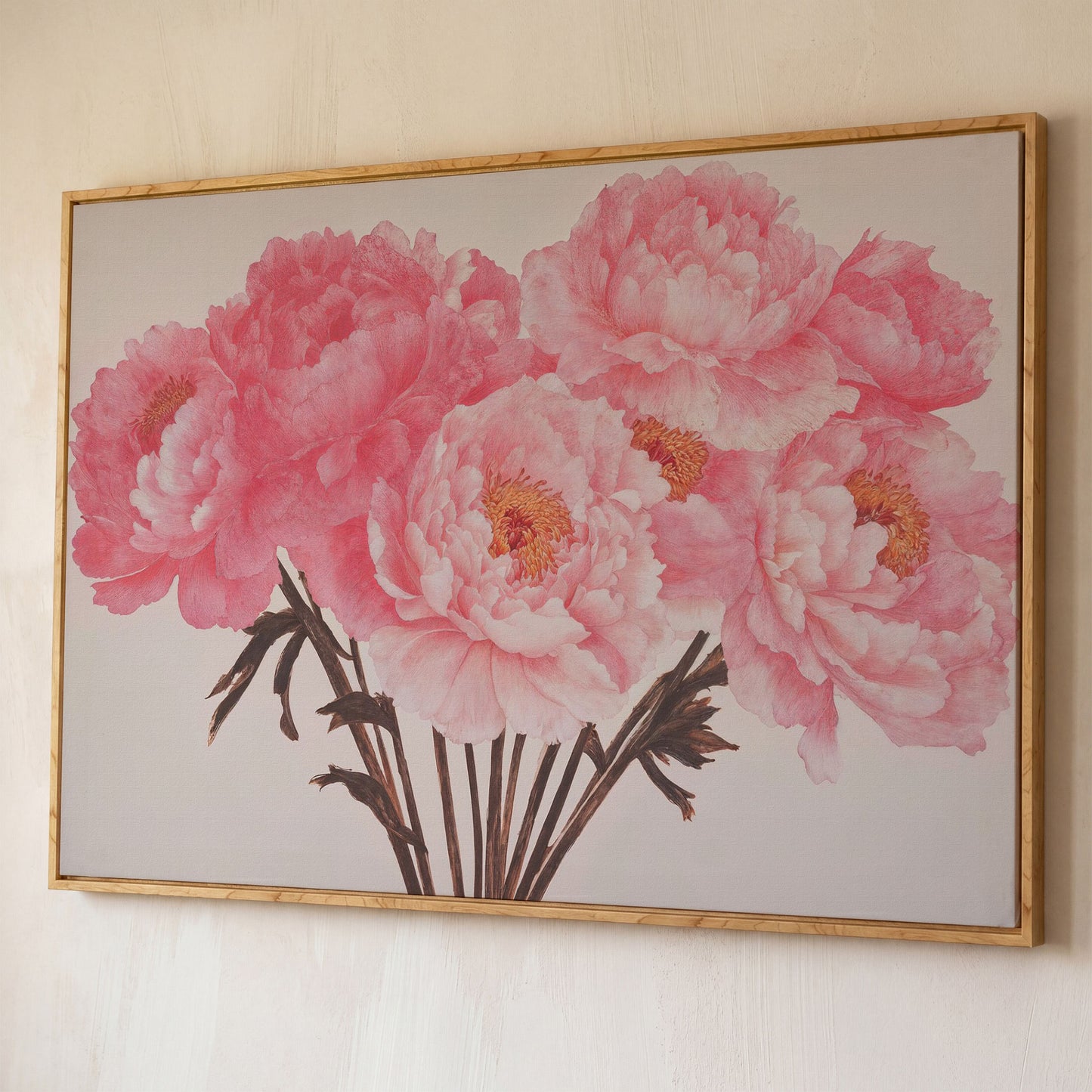 Vintage Bouquet with Boho Flowers Canvas shown in white oak floating frame