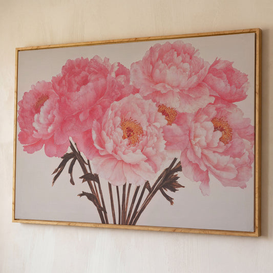 Vintage Bouquet with Boho Flowers Canvas shown in white oak floating frame