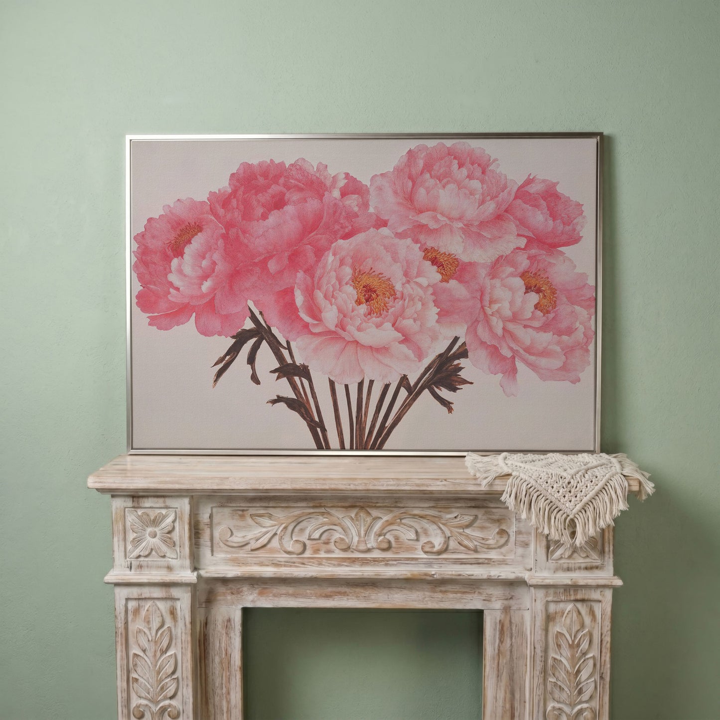 Vintage Bouquet with Boho Flowers Canvas in silver floating frame