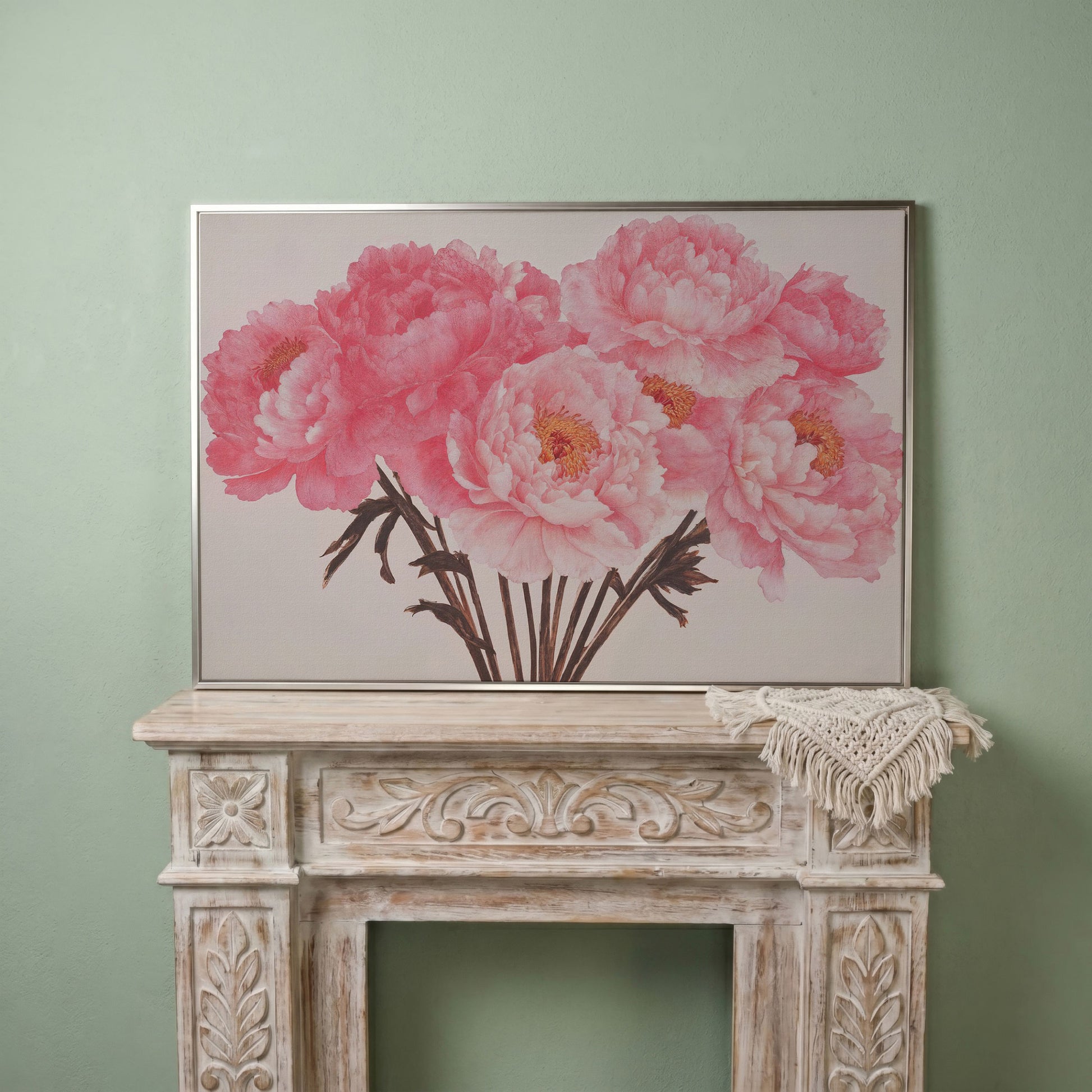 Vintage Bouquet with Boho Flowers Canvas in silver floating frame