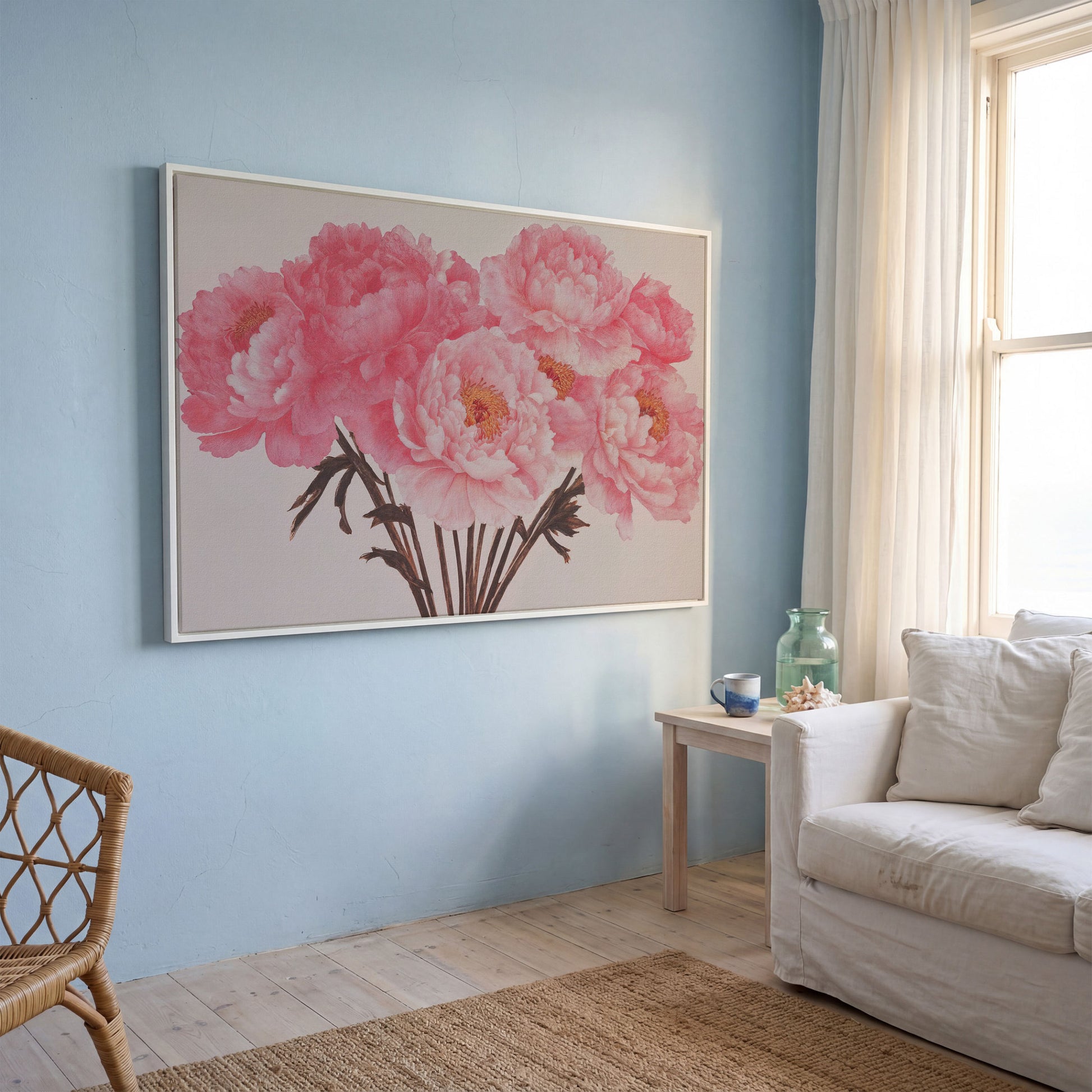 Vintage Bouquet with Boho Flowers Canvas in white floating frame